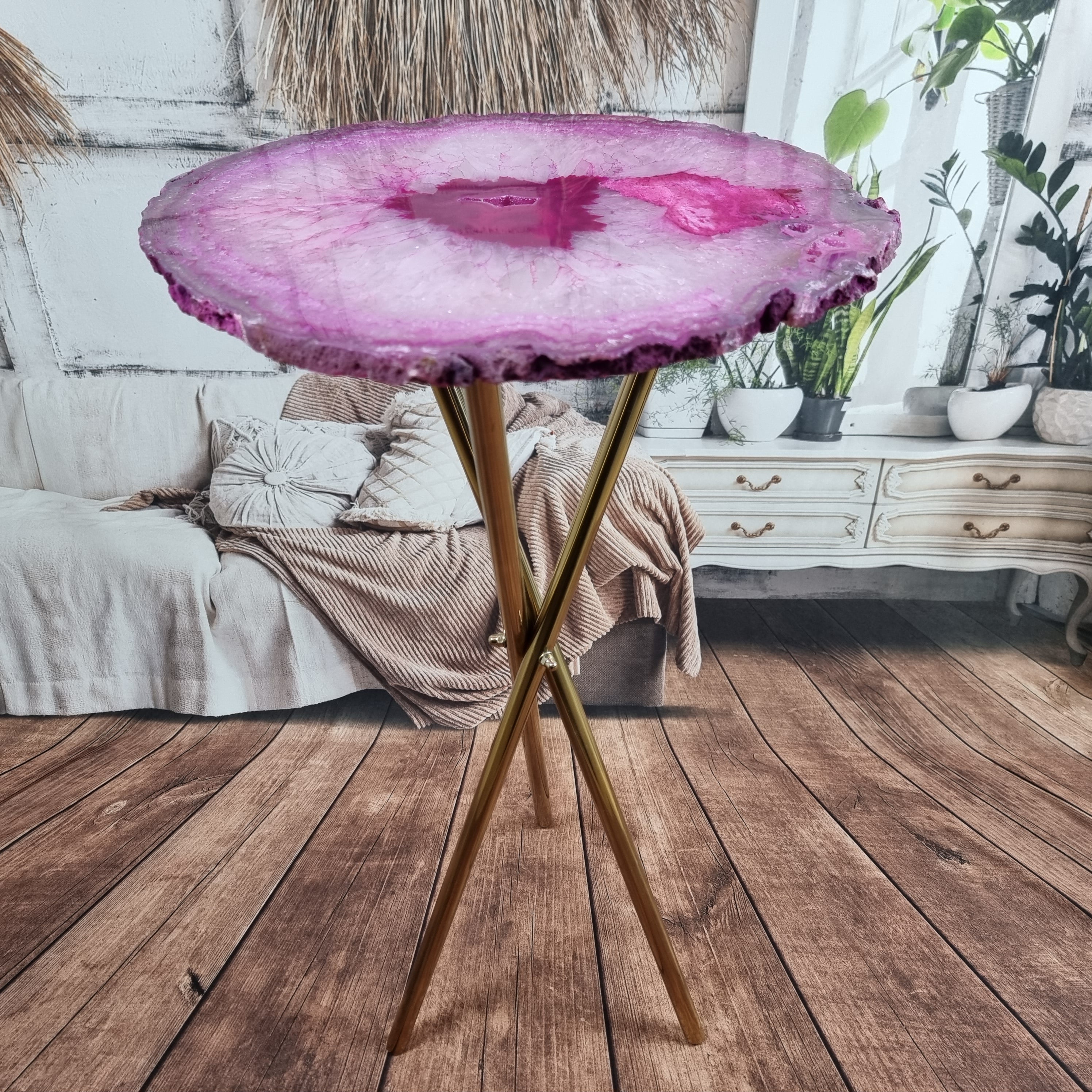 PINK Agates Side Table Thin Plates golden base 60 cm height, total weight 5 kg