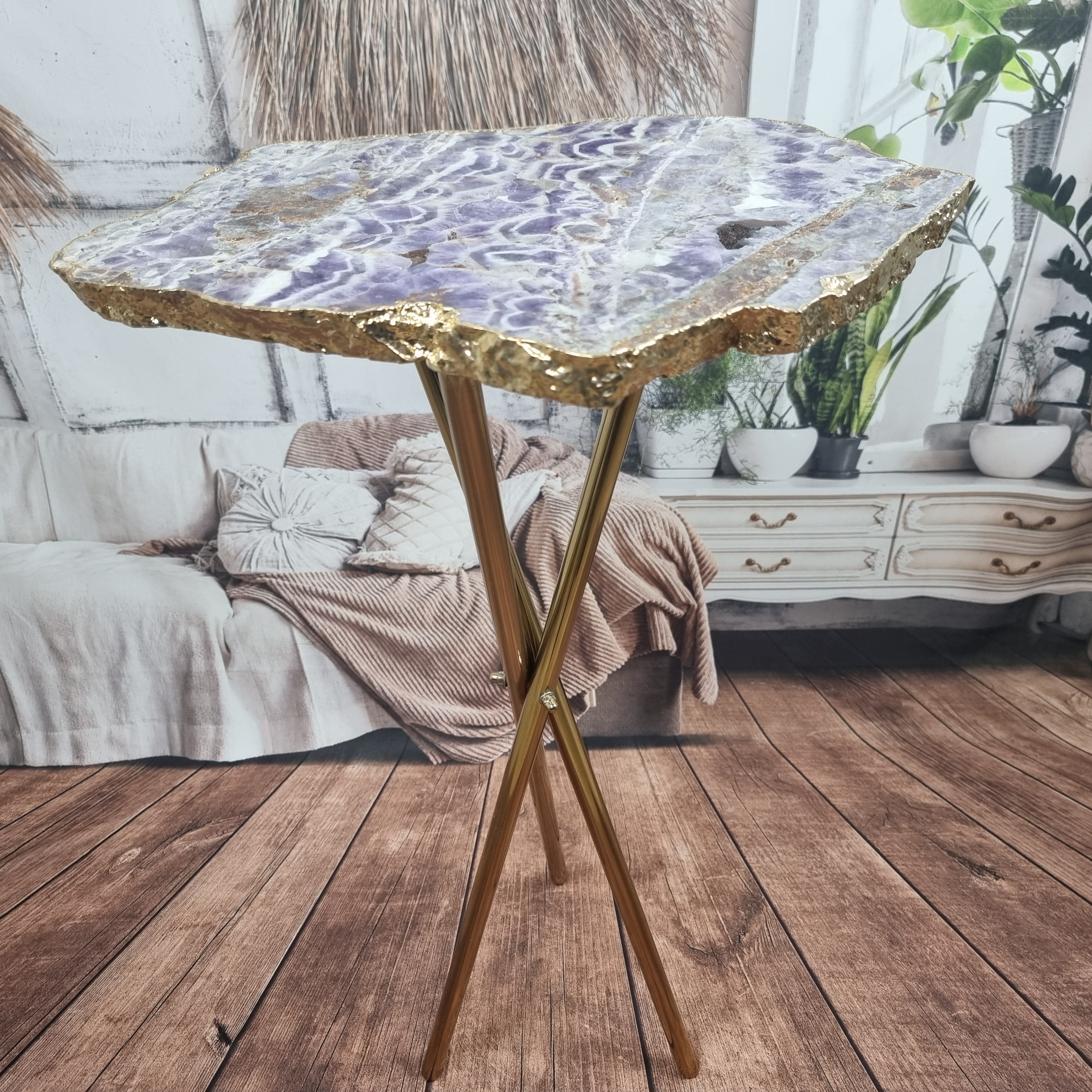 Chevron Amethyst Side Table with golden base 60 cm height, total weight 5 kg