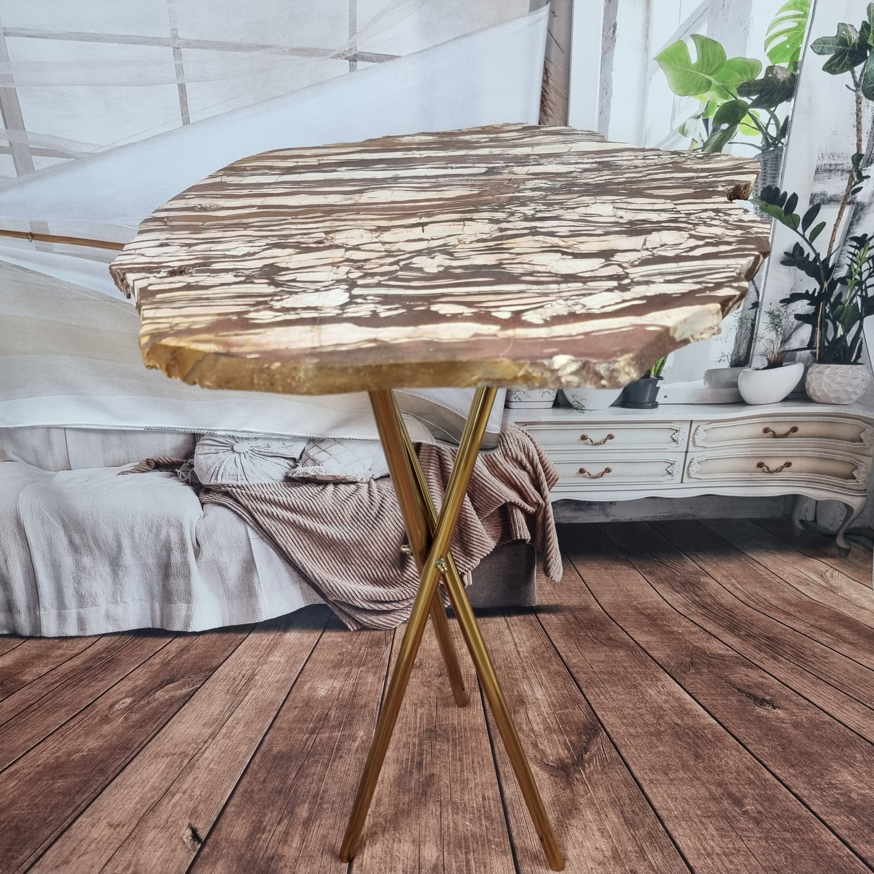 RAJADO JASPE Side Table with golden base 60 cm high, total weight 5 kg