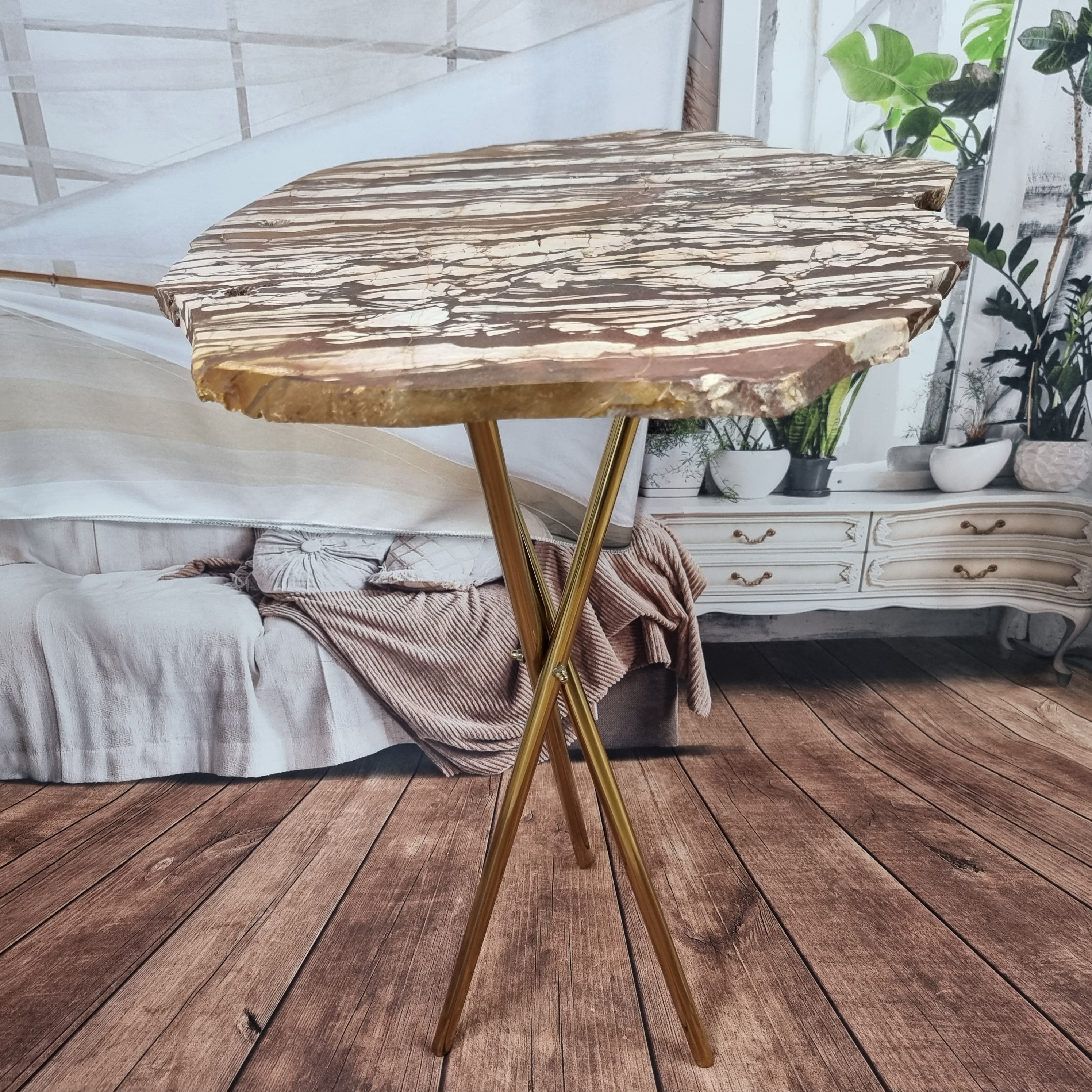 RAJADO JASPE Side Table with golden base 60 cm high, total weight 5 kg