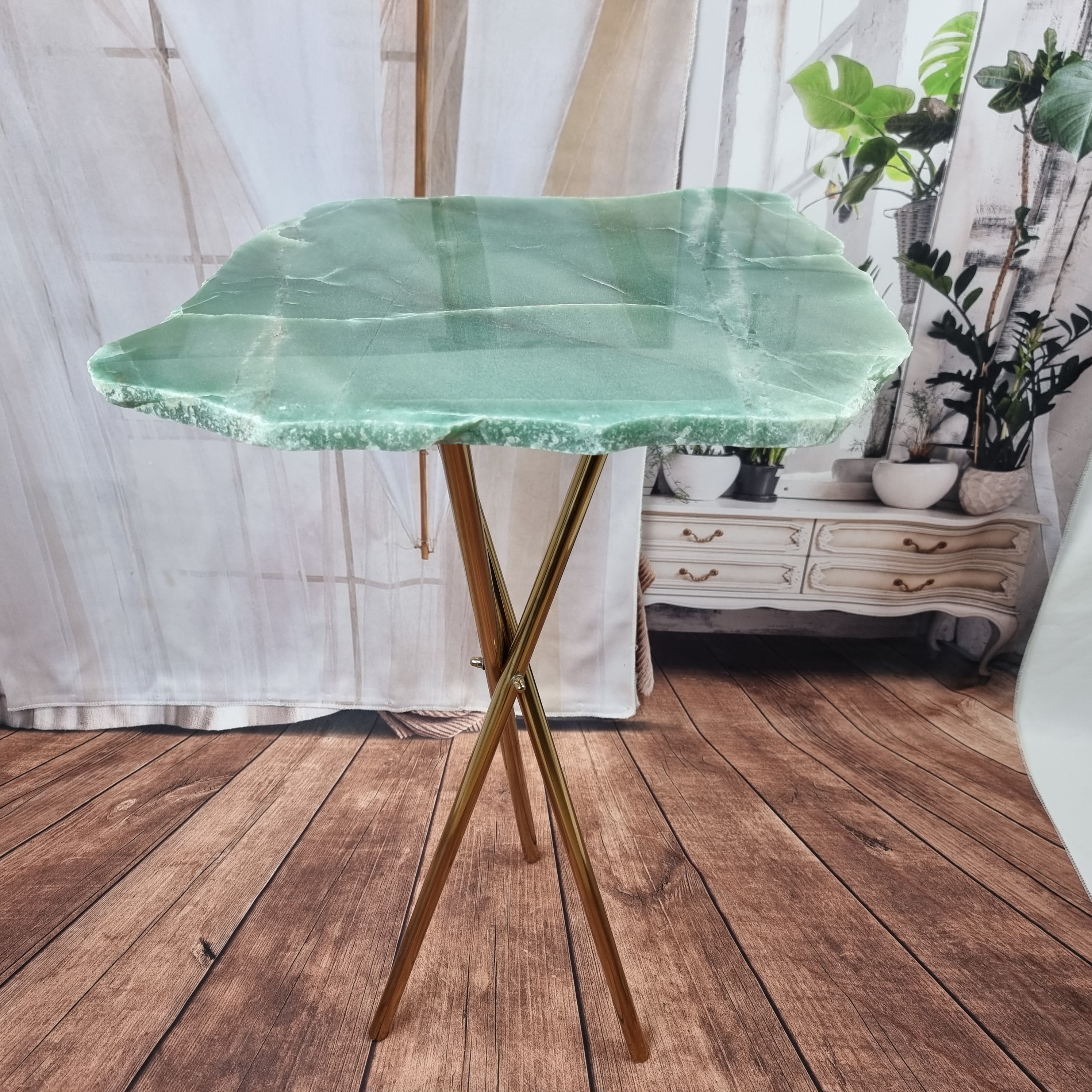 Green Quartz Side Table with golden base 60 cm high, total weight 5 kg