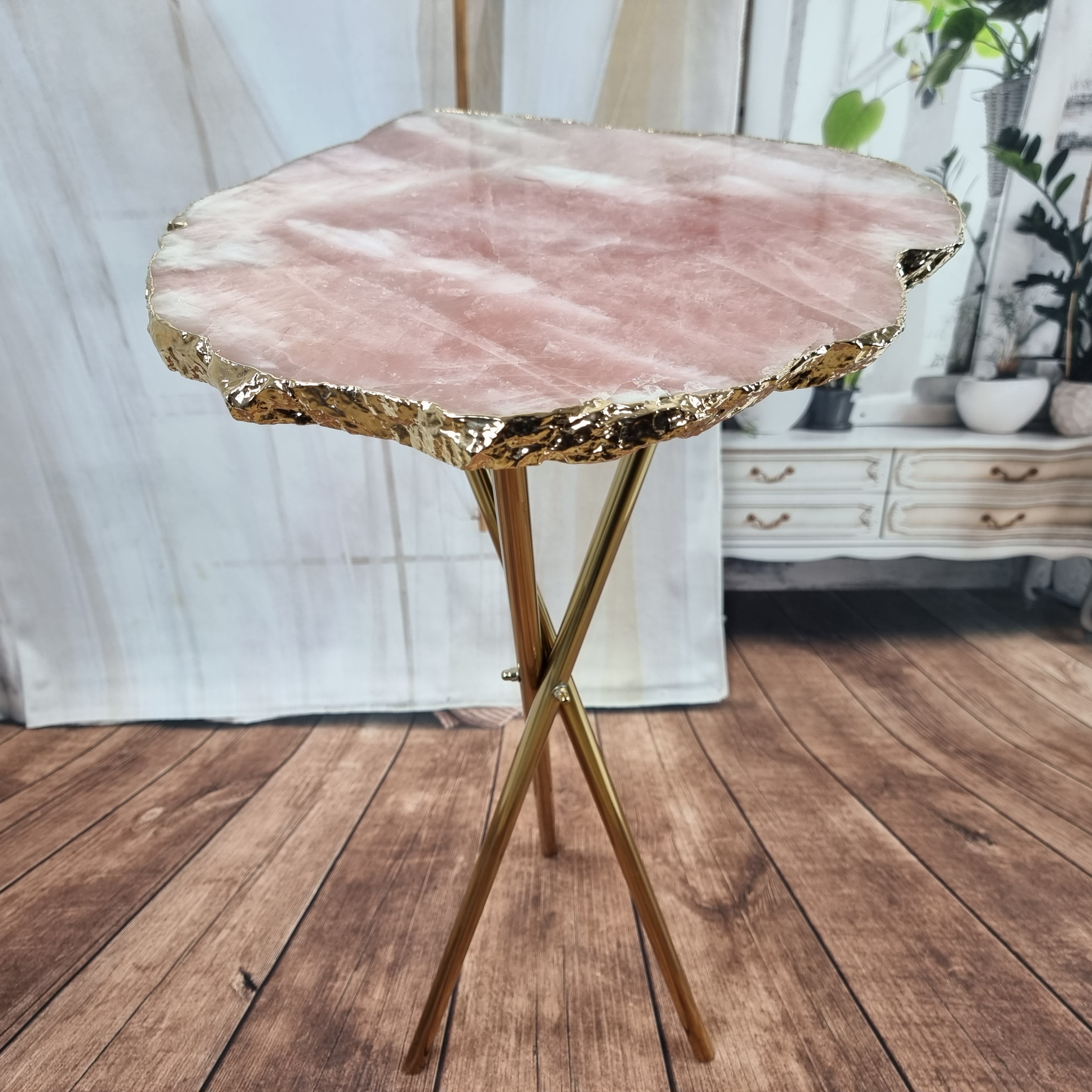 Rose Quartz Side Table GOLDEN EDGES and golden 60 cm height, weight 5 kg