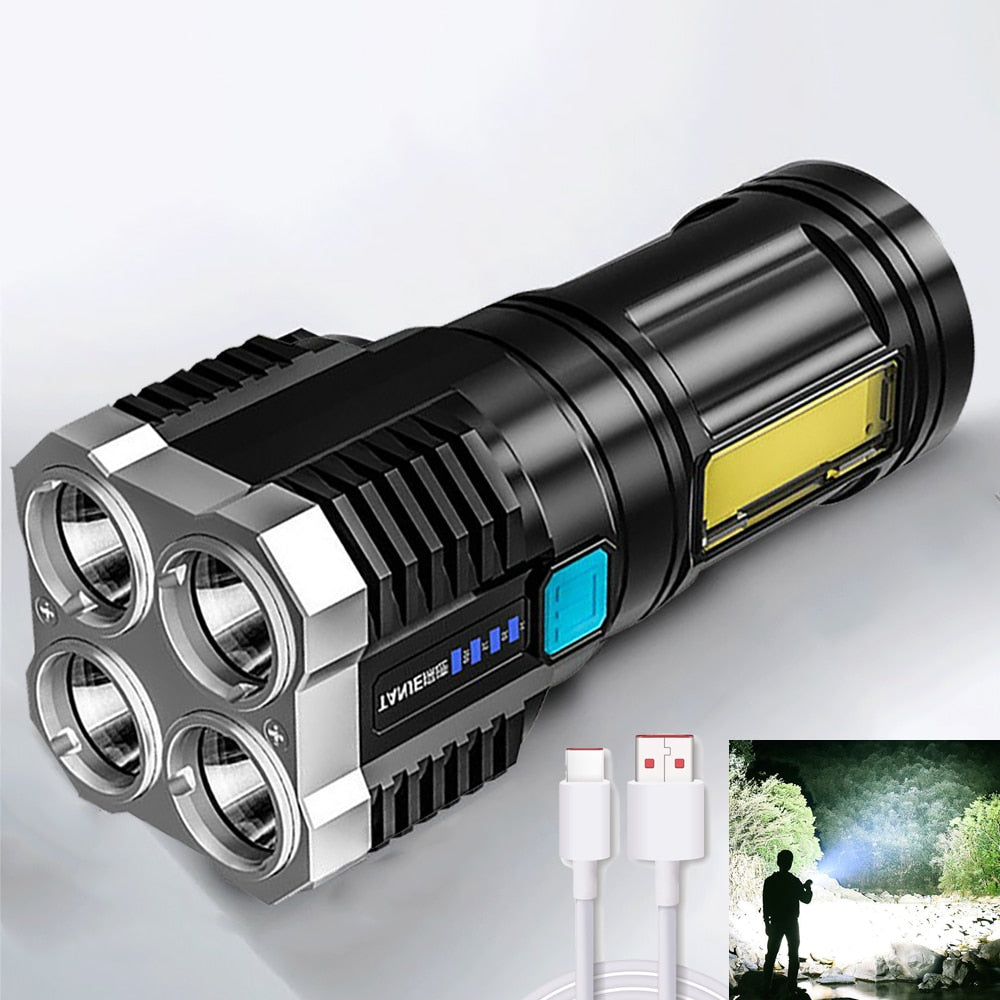 High Power Flashlight 4 LED USB Rechargeable Portable Highlight COB Tactical Lighting 