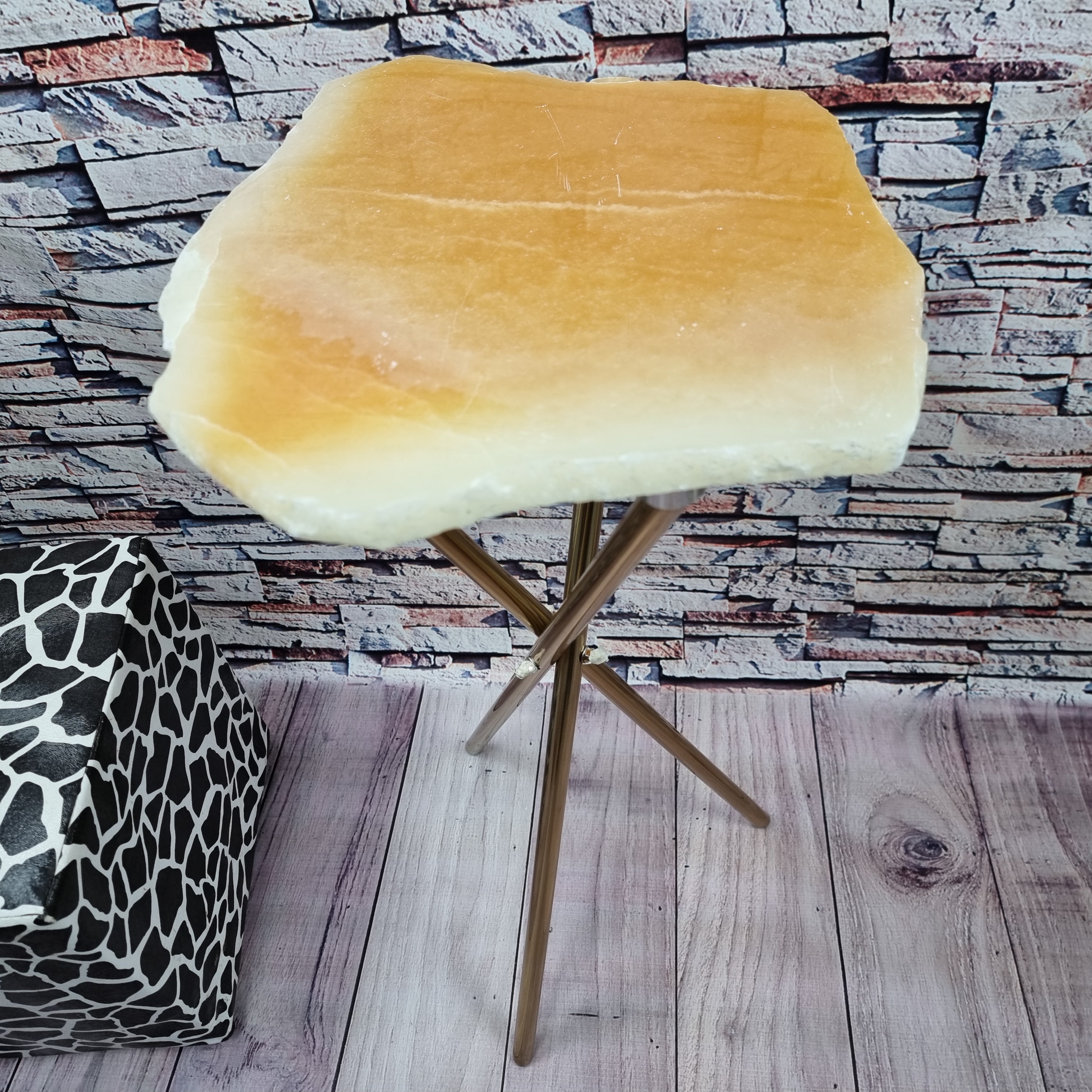 Calcite stone side table with golden base 60 cm high, total weight 5 kg