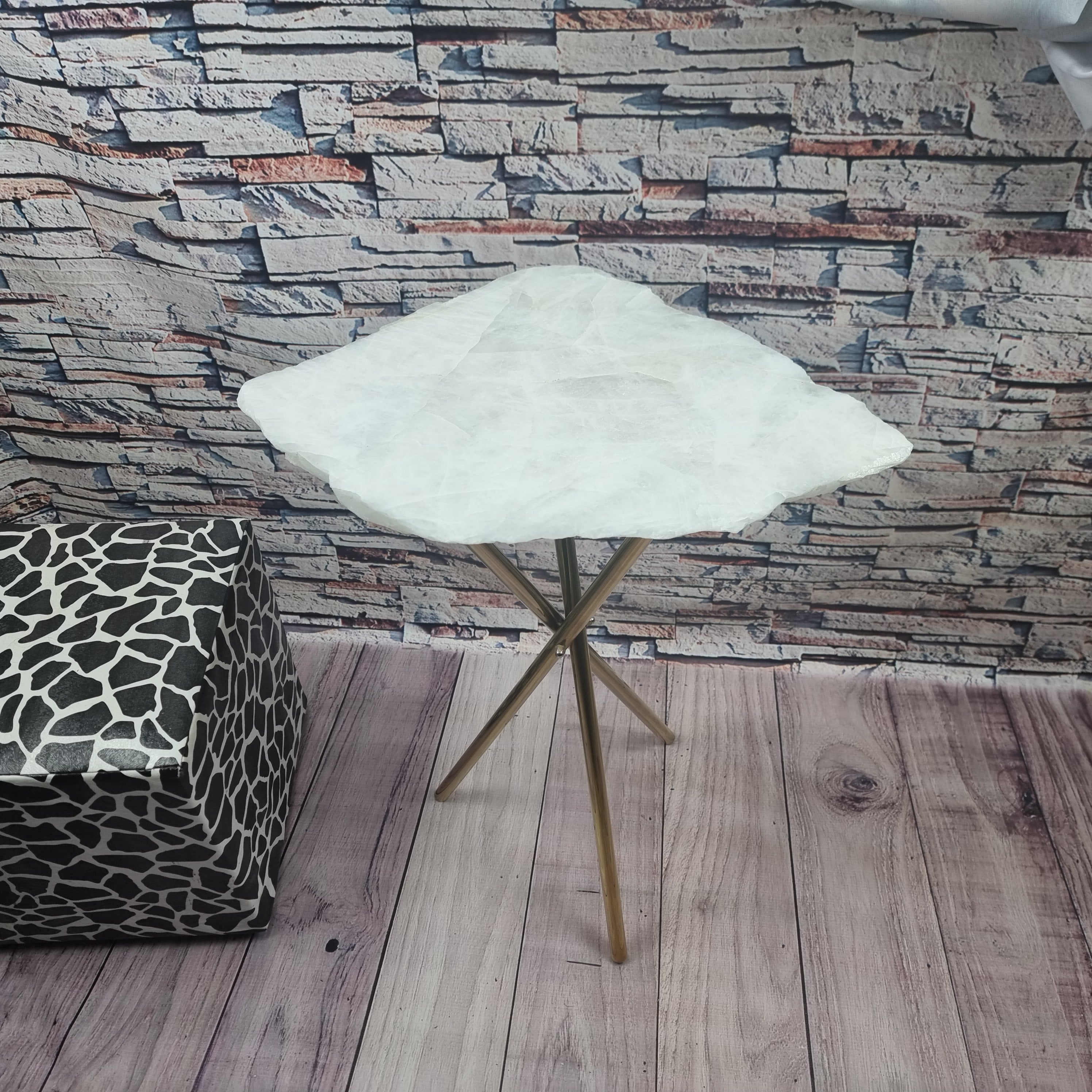 White Quartz Side Table with golden base 60 cm high, total weight 5 kg