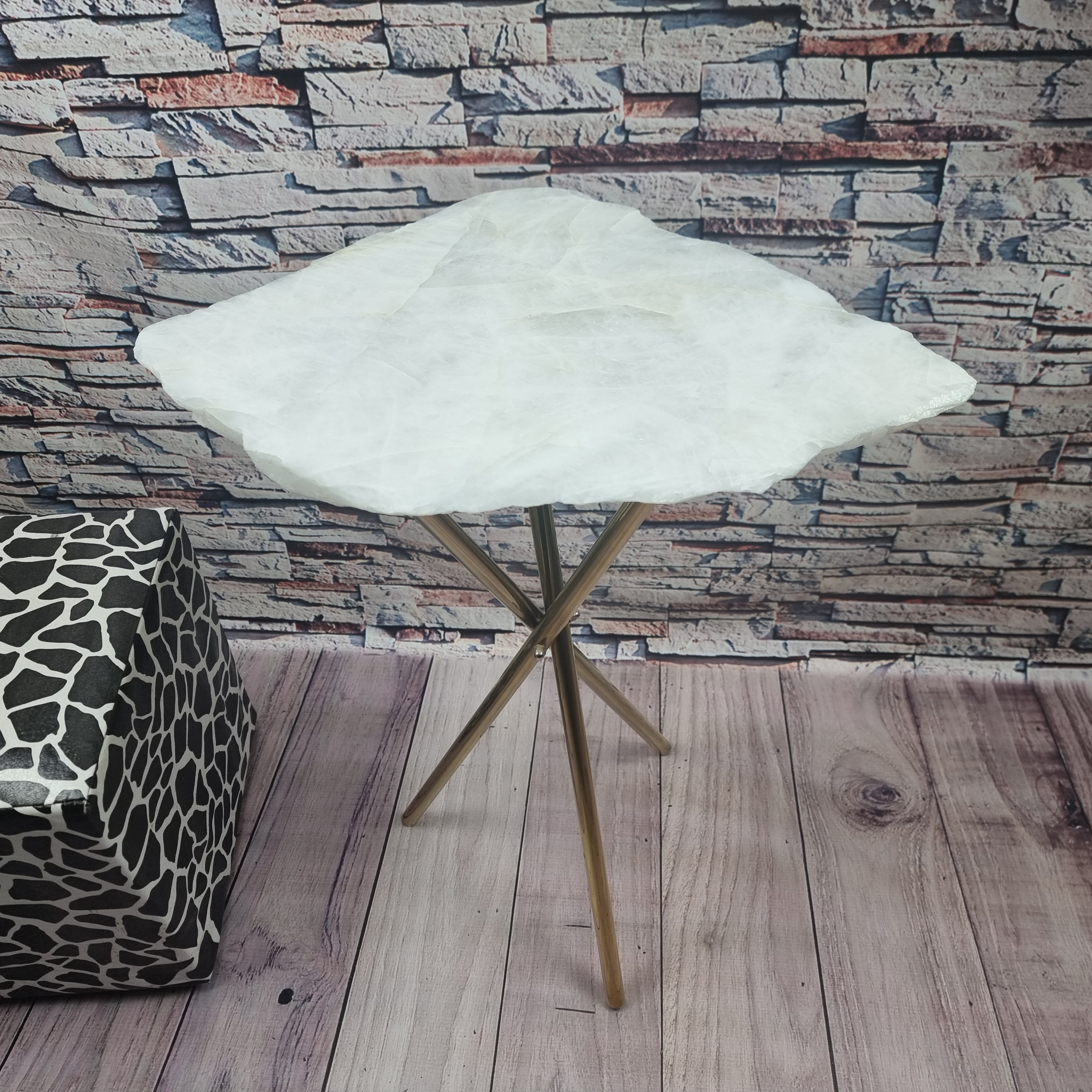 White Quartz Side Table with golden base 60 cm high, total weight 5 kg