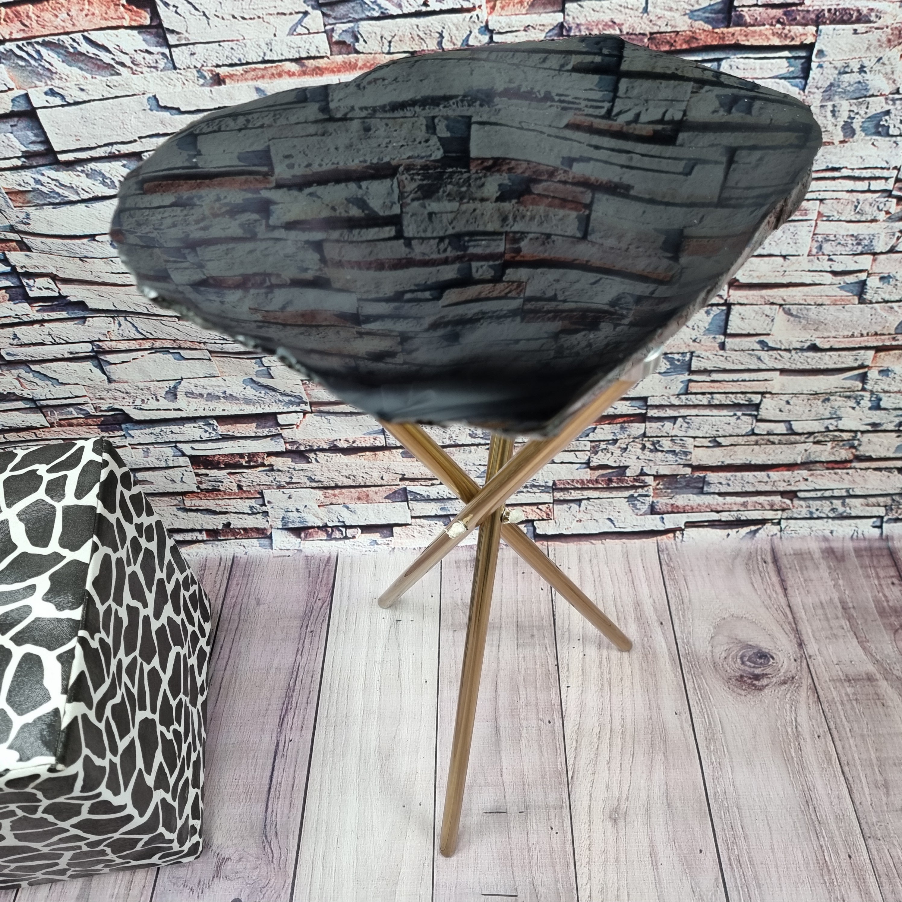 Obsidian Stone Side Table golden base 60 cm height, total weight 5 kg