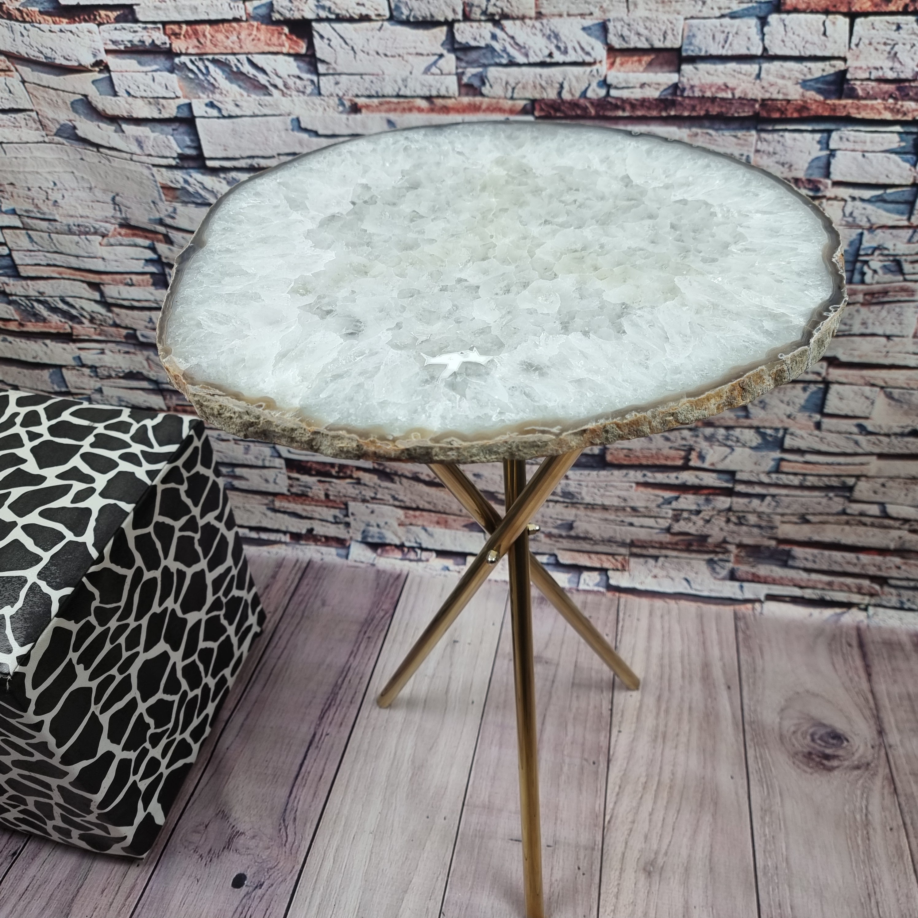 White agate side table with golden base 60 cm height and total weight 5 kg