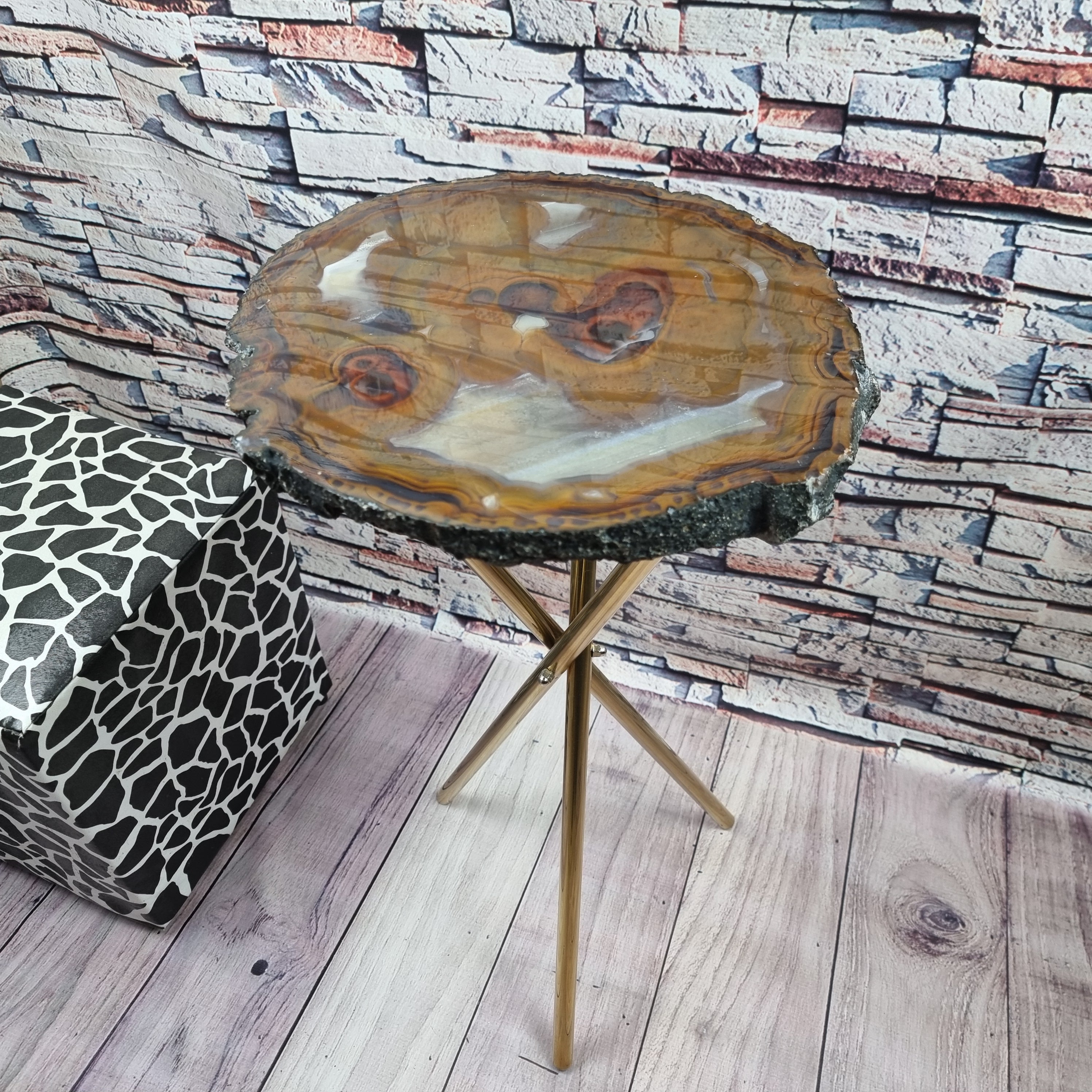 Designed Agates Side Table golden base 60 cm height, total weight 5 kg