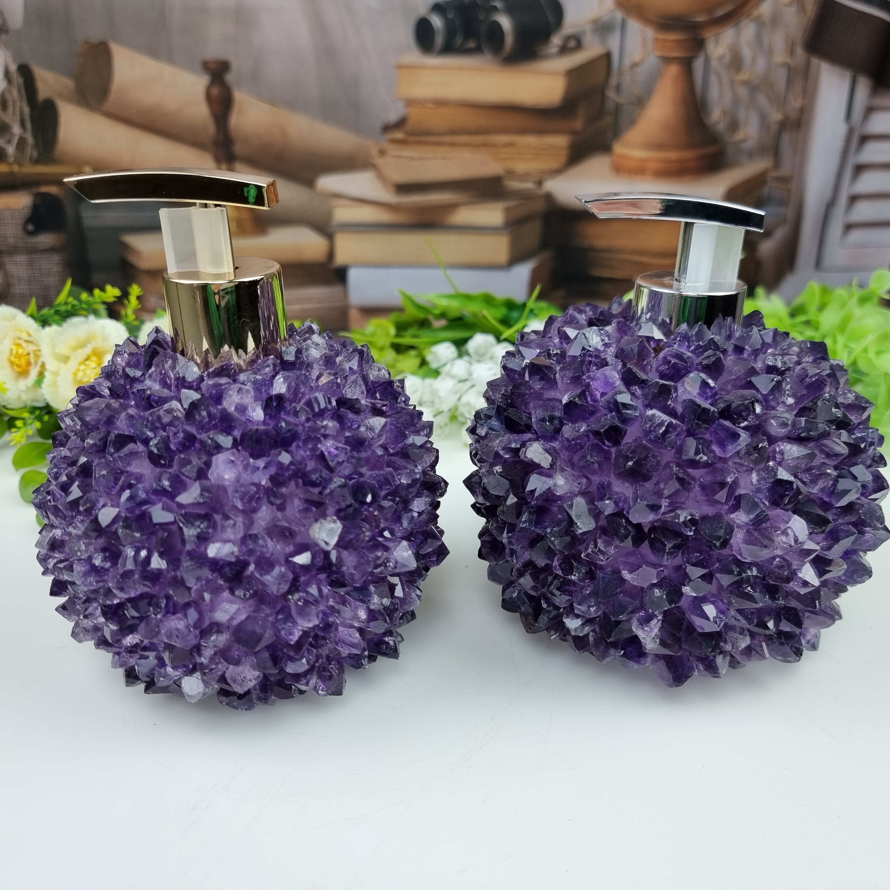 Amethyst Soap Dish Crystals Quality Extra height 15 cm Gold and Silver Mouth